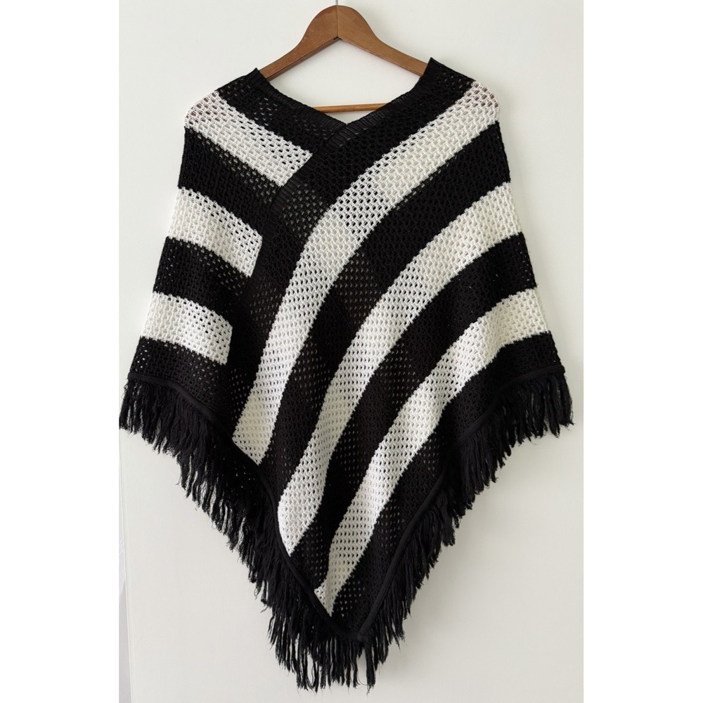 TANGO Black Cream Fringed Poncho‎ Lightweight Semi-Sheer Festival Fairy One Size